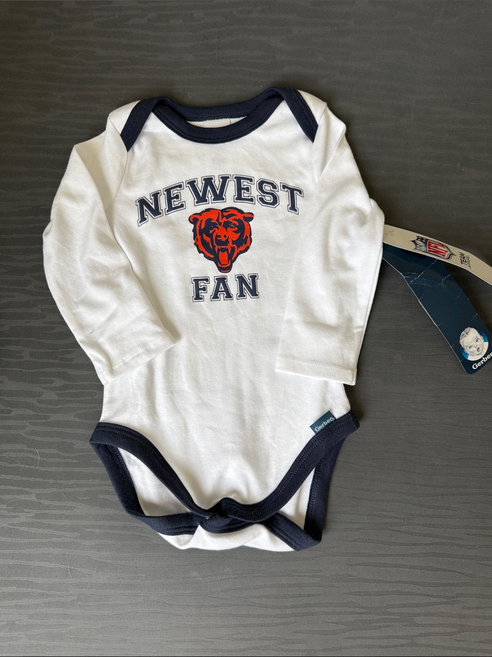Gerber White & Navy 'Newest Fan' Long-Sleeve One-Piece